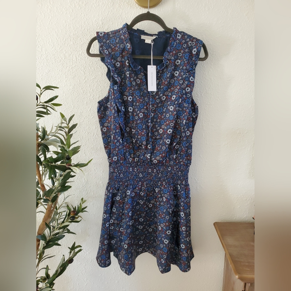 Outerknown Womens Blue Red Floral Mini Dress Sleeveless Elastic Waist Medium